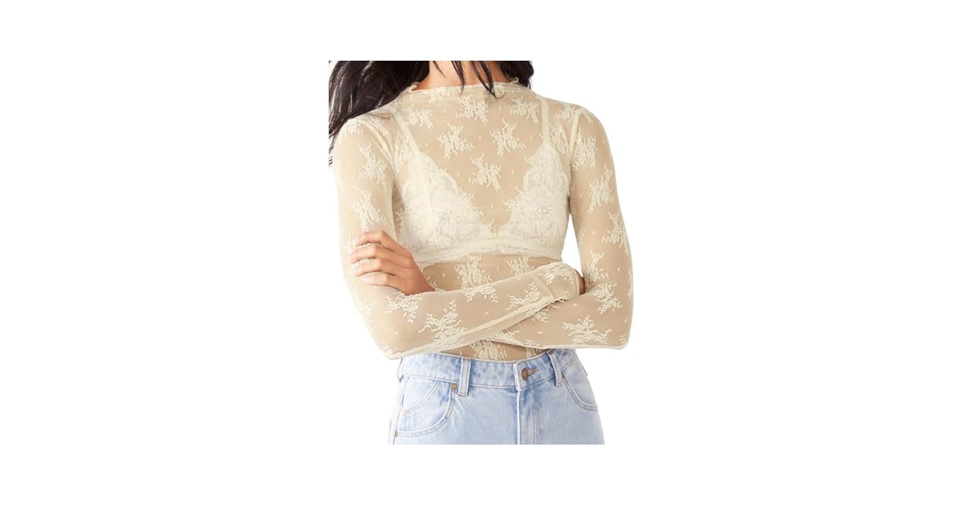 Sheer Mesh Long Sleeve Layering Top for Women Mock Neck